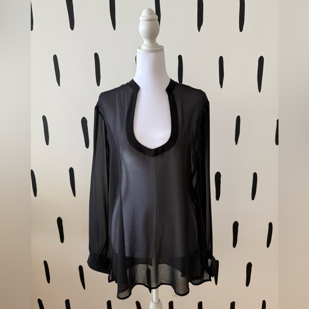 Express Sheer Black Long Sleeve Blouse with Scoop Keyhole Shape Neckline